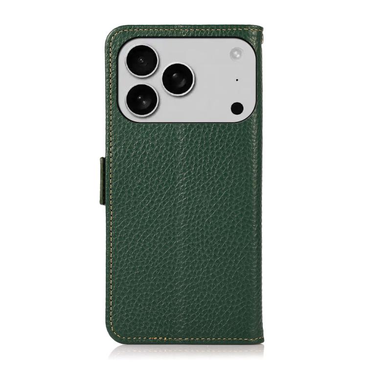 For iPhone 17 Pro Max KHAZNEH Side-Magnetic Litchi Genuine Leather RFID Case(Green)