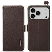 For iPhone 17 Pro Max KHAZNEH Side-Magnetic Litchi Genuine Leather RFID Case(Brown)