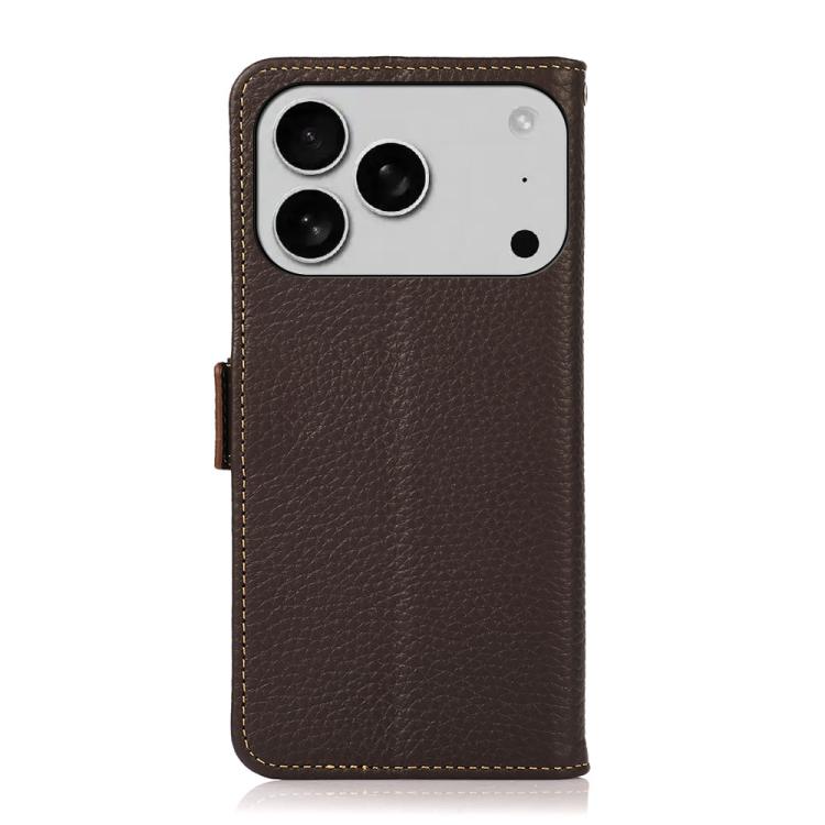 For iPhone 17 Pro Max KHAZNEH Side-Magnetic Litchi Genuine Leather RFID Case(Brown)