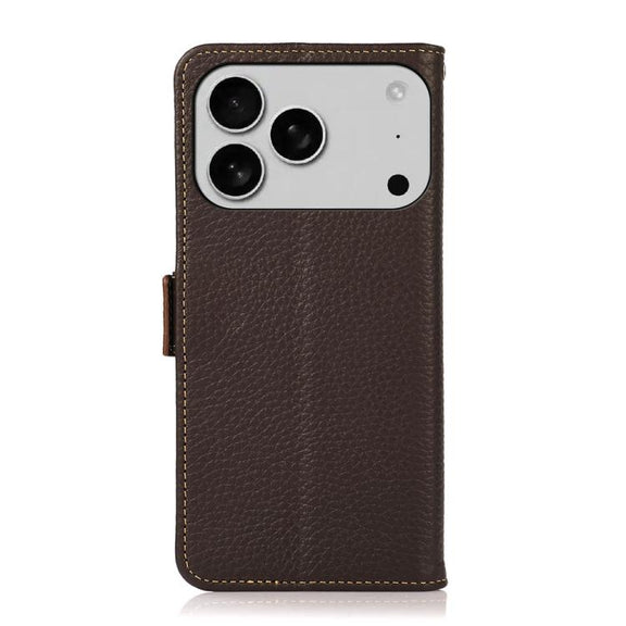 For iPhone 17 Pro Max KHAZNEH Side-Magnetic Litchi Genuine Leather RFID Case(Brown)