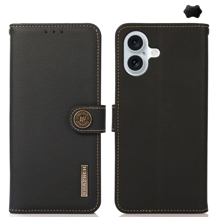 For iPhone 16 Plus KHAZNEH Custer Genuine Leather RFID Phone Case(Black)