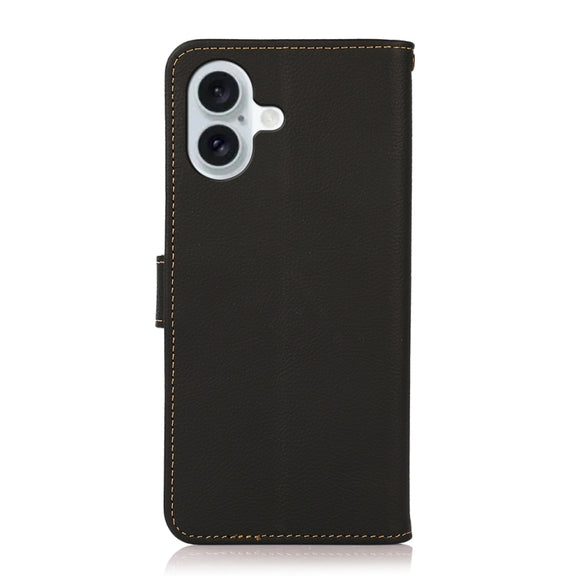 For iPhone 16 KHAZNEH Custer Genuine Leather RFID Phone Case(Black)