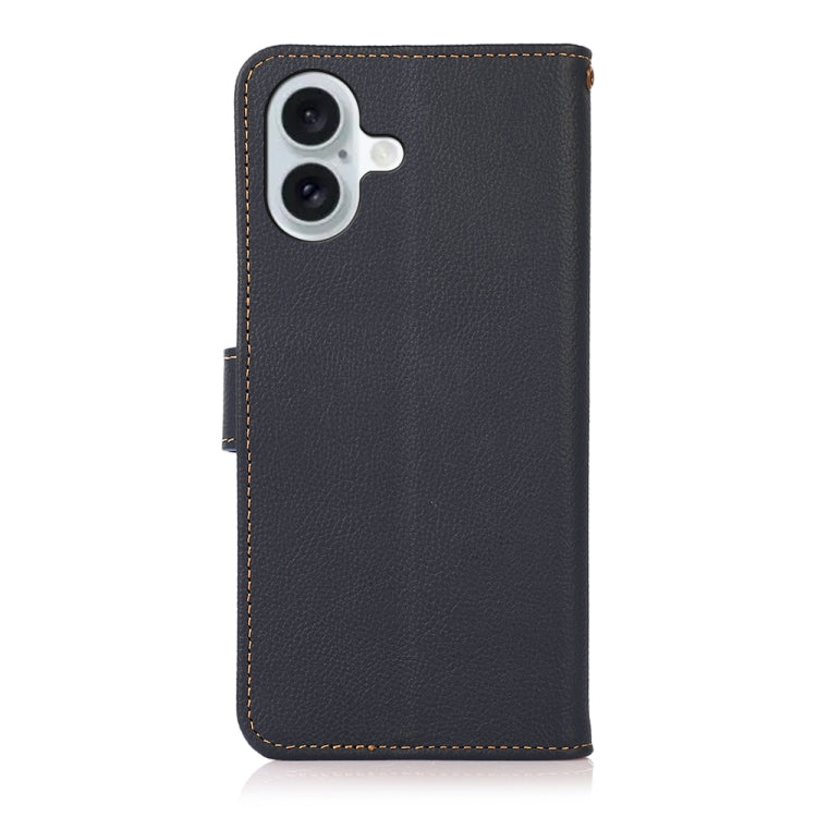 For iPhone 16 KHAZNEH Custer Genuine Leather RFID Phone Case(Blue)