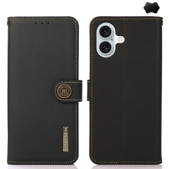 For iPhone 17 KHAZNEH Custer Genuine Leather RFID Phone Case(Black)