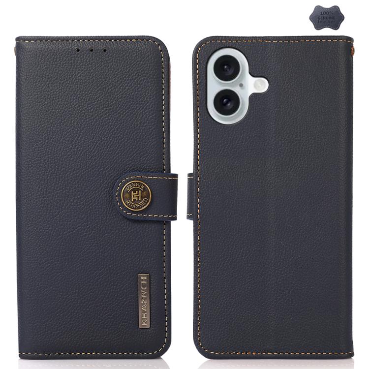 For iPhone 17 KHAZNEH Custer Genuine Leather RFID Phone Case(Blue)