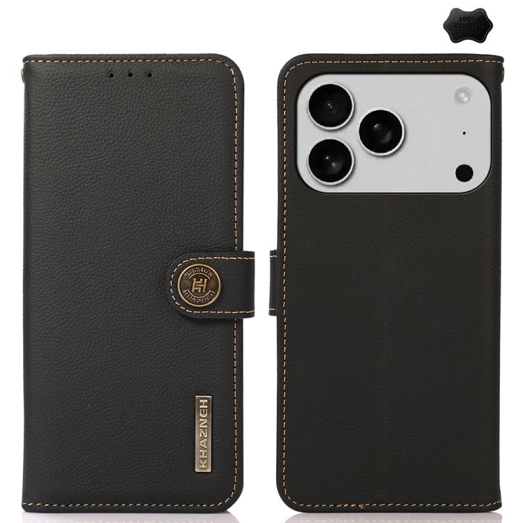 For iPhone 17 Pro KHAZNEH Custer Genuine Leather RFID Phone Case(Black)