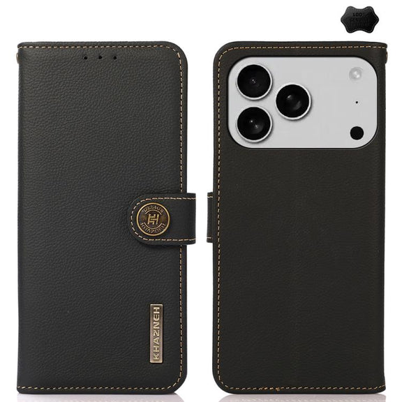 For iPhone 17 Pro KHAZNEH Custer Genuine Leather RFID Phone Case(Black)