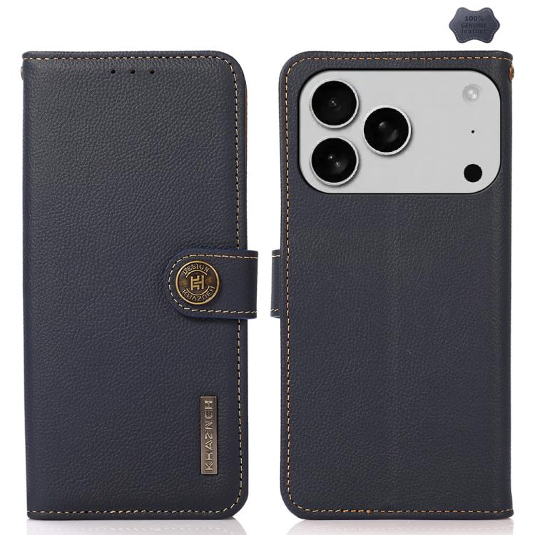 For iPhone 17 Pro KHAZNEH Custer Genuine Leather RFID Phone Case(Blue)