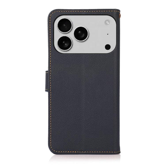 For iPhone 17 Pro KHAZNEH Custer Genuine Leather RFID Phone Case(Blue)