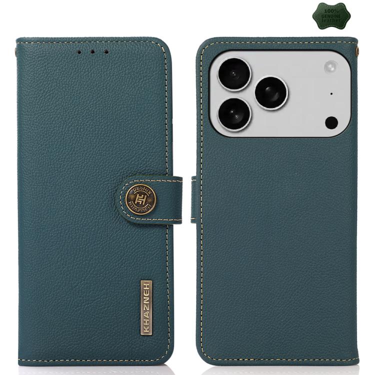 For iPhone 17 Pro KHAZNEH Custer Genuine Leather RFID Phone Case(Green)