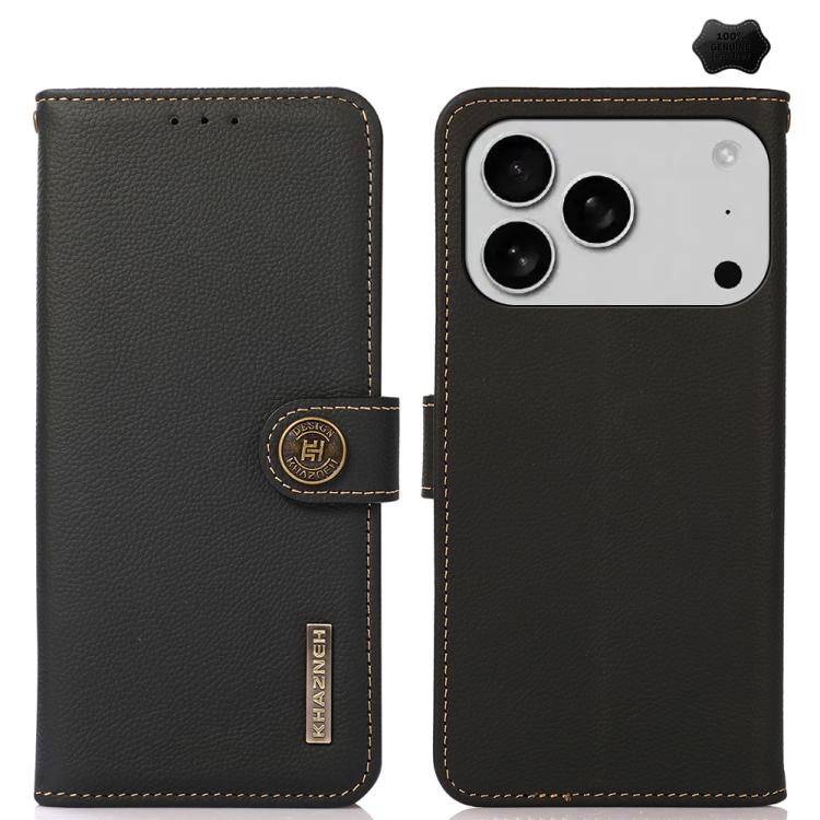 For iPhone 17 Pro Max KHAZNEH Custer Genuine Leather RFID Phone Case(Black)