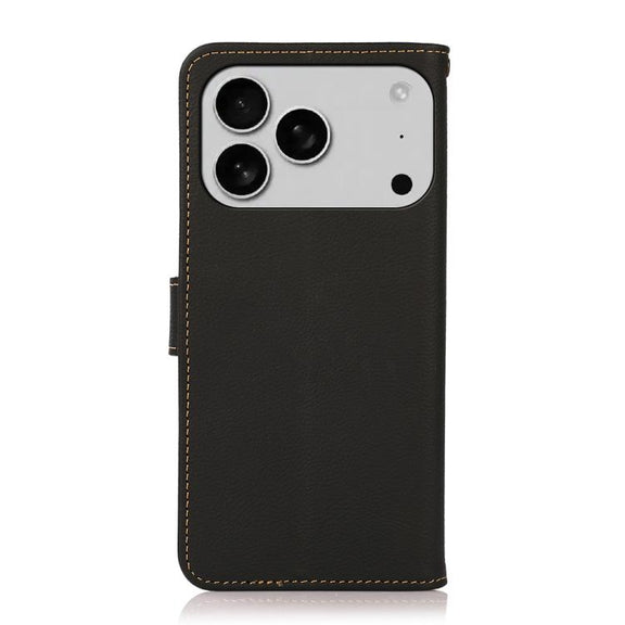 For iPhone 17 Pro Max KHAZNEH Custer Genuine Leather RFID Phone Case(Black)