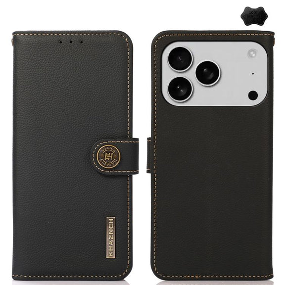 For iPhone 17 Pro Max KHAZNEH Custer Genuine Leather RFID Phone Case(Black)