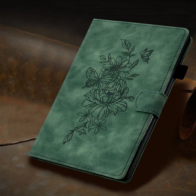 For iPad Pro 11 2024 Peony Butterfly Embossed Leather Smart Tablet Case(Green)