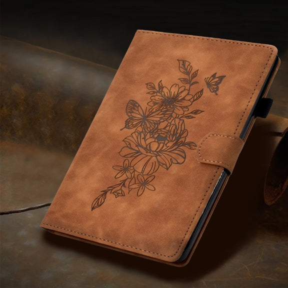 For iPad Pro 11 2024 Peony Butterfly Embossed Leather Smart Tablet Case(Brown)
