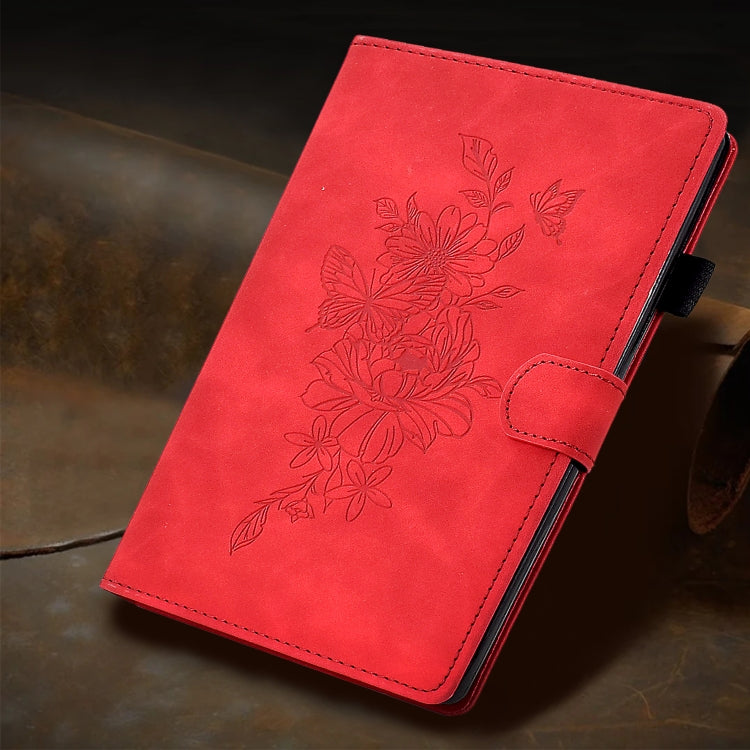 For iPad Pro 11 2024 Peony Butterfly Embossed Leather Smart Tablet Case(Red)