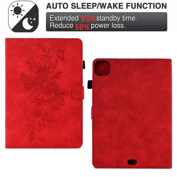 For iPad Pro 11 2024 Peony Butterfly Embossed Leather Smart Tablet Case(Red)