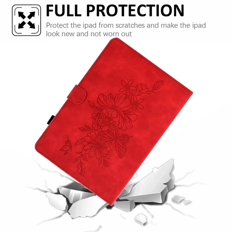 For iPad Pro 11 2024 Peony Butterfly Embossed Leather Smart Tablet Case(Red)