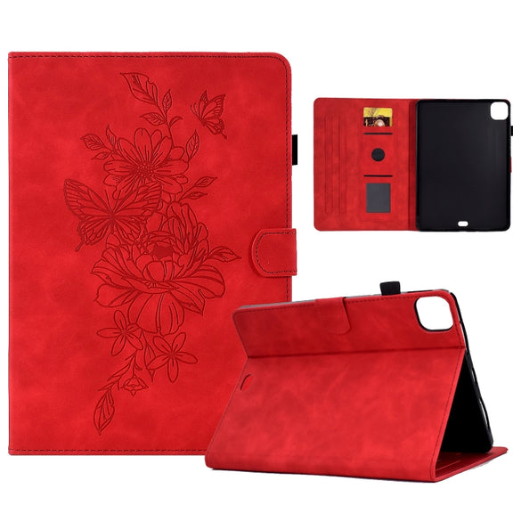 For iPad Pro 11 2024 Peony Butterfly Embossed Leather Smart Tablet Case(Red)