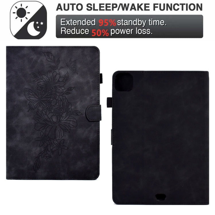 For iPad Pro 11 2024 Peony Butterfly Embossed Leather Smart Tablet Case(Black)
