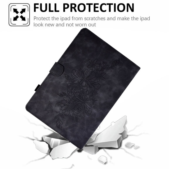 For iPad Pro 11 2024 Peony Butterfly Embossed Leather Smart Tablet Case(Black)