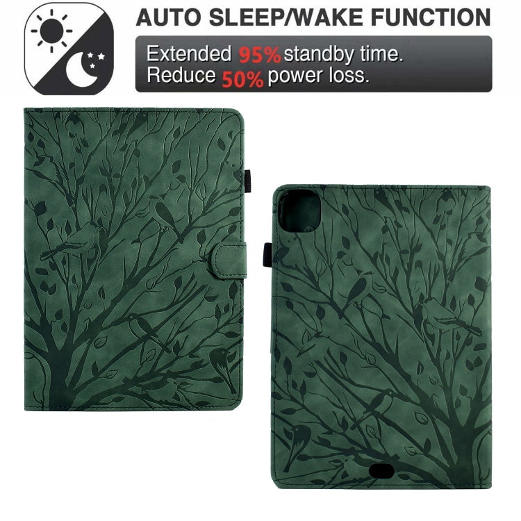 For iPad Pro 11 2024 Fortune Tree Embossed Leather Smart Tablet Case(Green)