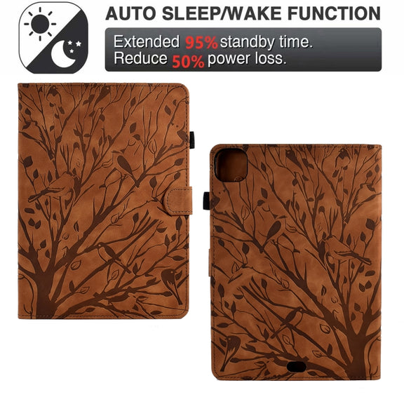 For iPad Pro 11 2024 Fortune Tree Embossed Leather Smart Tablet Case(Brown)