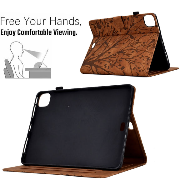 For iPad Pro 11 2024 Fortune Tree Embossed Leather Smart Tablet Case(Brown)