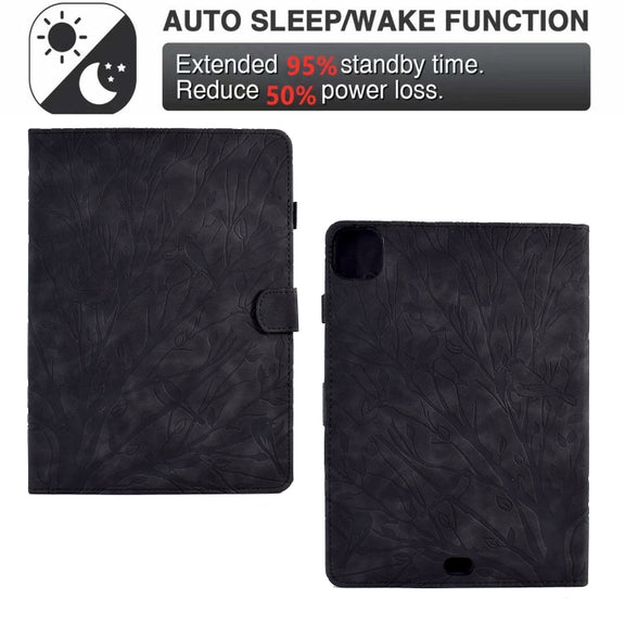 For iPad Pro 11 2024 Fortune Tree Embossed Leather Smart Tablet Case(Black)