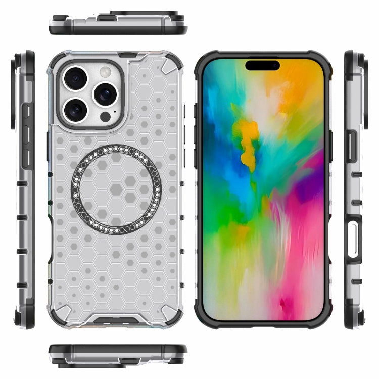 For iPhone 16 Pro Max Honeycomb Magnetic Ring Shockproof Phone Case(White)