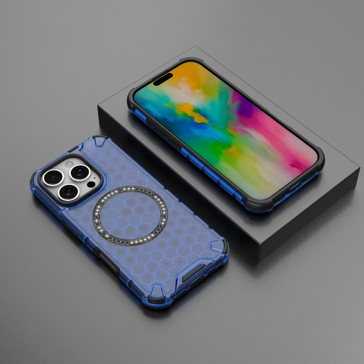 For iPhone 16 Pro Honeycomb Magnetic Ring Shockproof Phone Case(Blue)