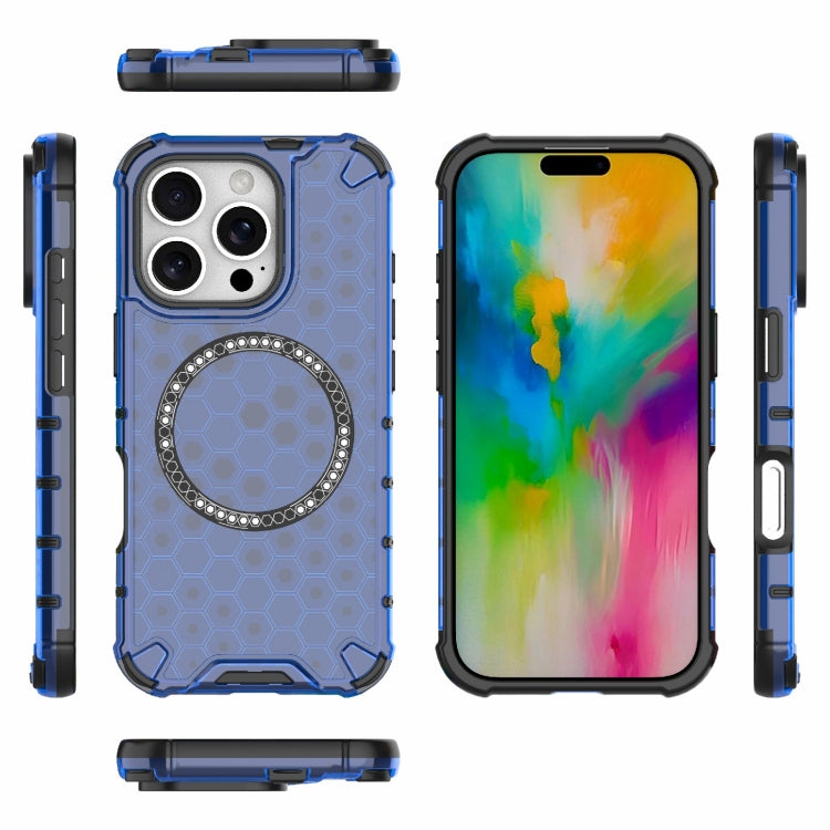 For iPhone 16 Pro Honeycomb Magnetic Ring Shockproof Phone Case(Blue)