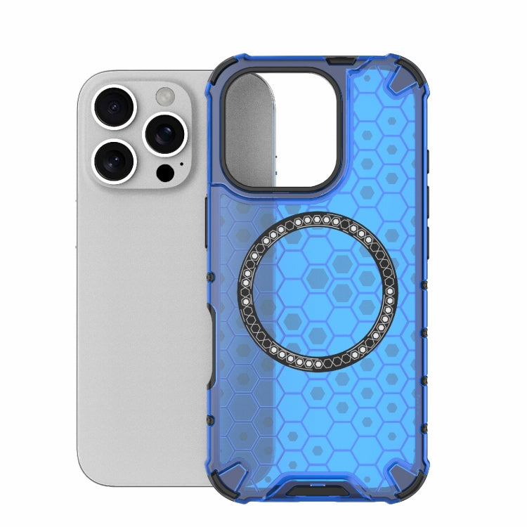 For iPhone 16 Pro Honeycomb Magnetic Ring Shockproof Phone Case(Blue)