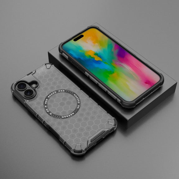 For iPhone 16 Plus Honeycomb Magnetic Ring Shockproof Phone Case(Black)
