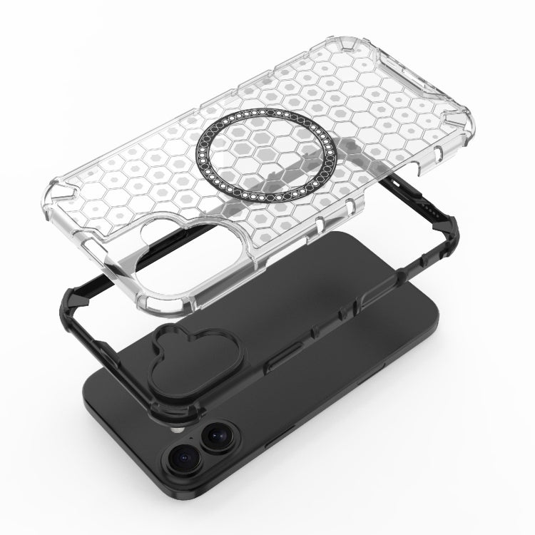 For iPhone 16 Plus Honeycomb Magnetic Ring Shockproof Phone Case(Black)