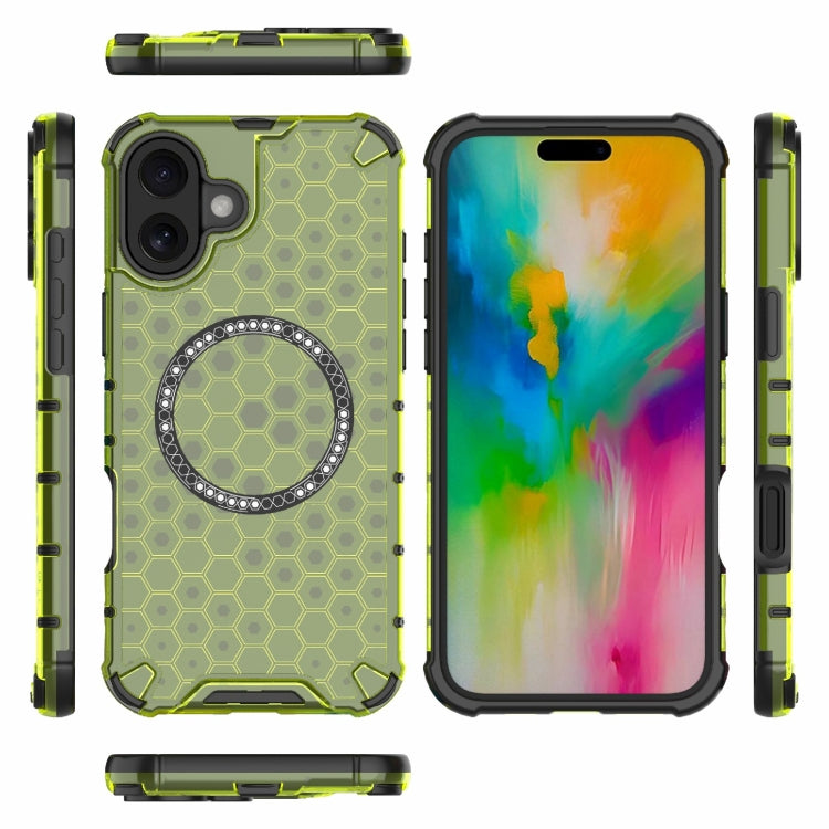 For iPhone 16 Plus Honeycomb Magnetic Ring Shockproof Phone Case(Green)