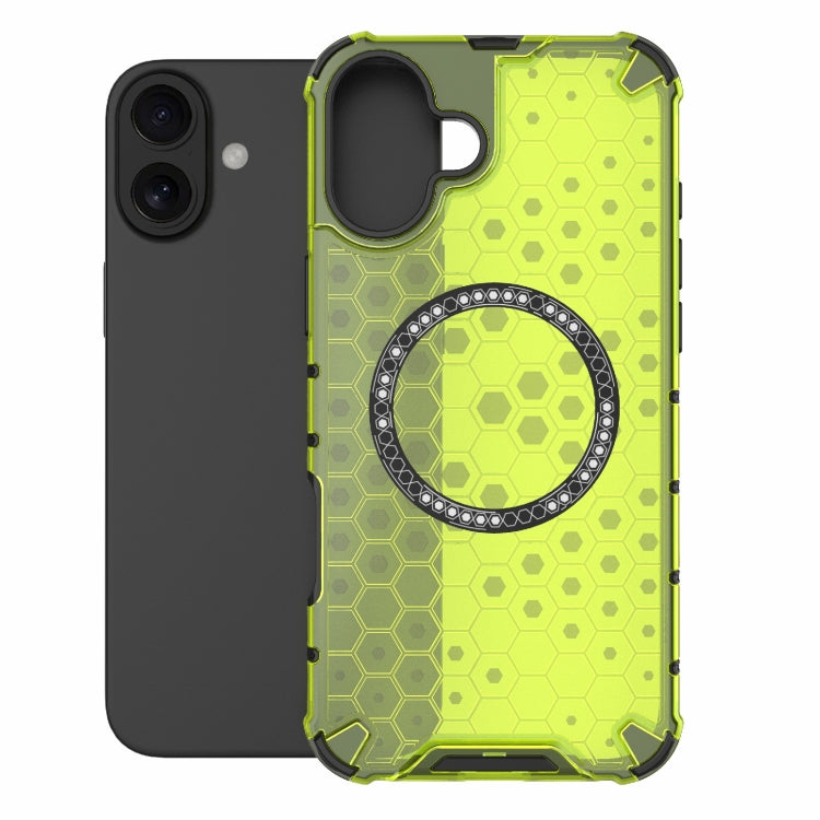 For iPhone 16 Plus Honeycomb Magnetic Ring Shockproof Phone Case(Green)