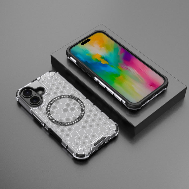 For iPhone 16 Honeycomb Magnetic Ring Shockproof Phone Case(White)