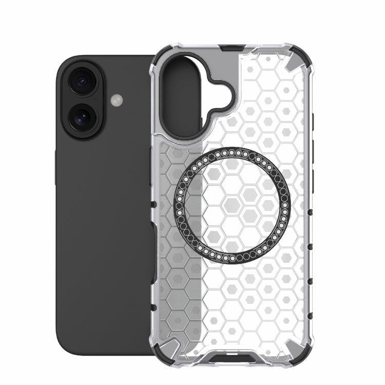For iPhone 16 Honeycomb Magnetic Ring Shockproof Phone Case(White)