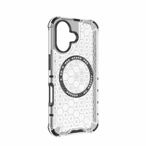 For iPhone 16 Honeycomb Magnetic Ring Shockproof Phone Case(White)