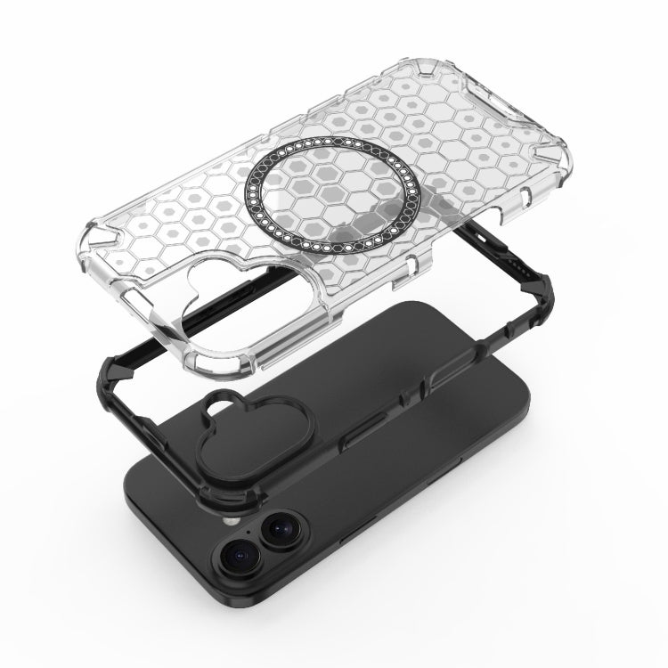 For iPhone 16 Honeycomb Magnetic Ring Shockproof Phone Case(White)