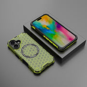For iPhone 16 Honeycomb Magnetic Ring Shockproof Phone Case(Green)