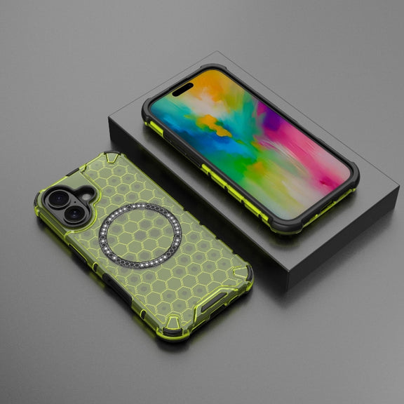 For iPhone 16 Honeycomb Magnetic Ring Shockproof Phone Case(Green)