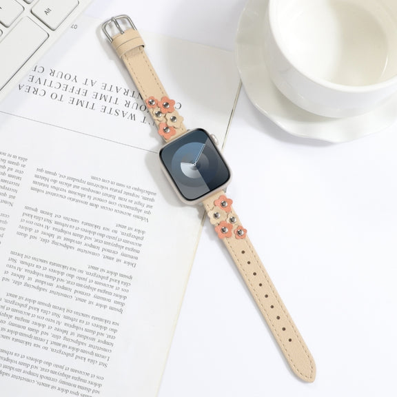 For Apple Watch Ultra 49mm Stitched Flower Leather Watch Band(Khaki)