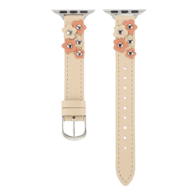 For Apple Watch Ultra 49mm Stitched Flower Leather Watch Band(Khaki)