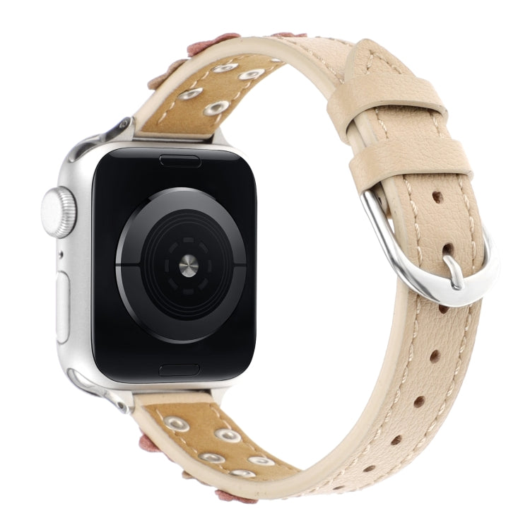 For Apple Watch Ultra 49mm Stitched Flower Leather Watch Band(Khaki)