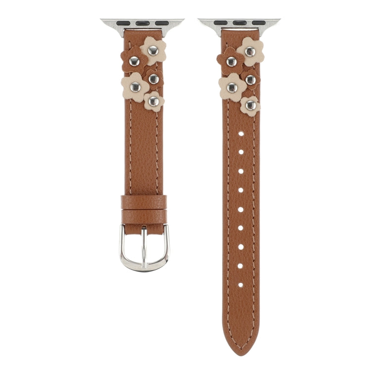 For Apple Watch Ultra 49mm Stitched Flower Leather Watch Band(Brown)