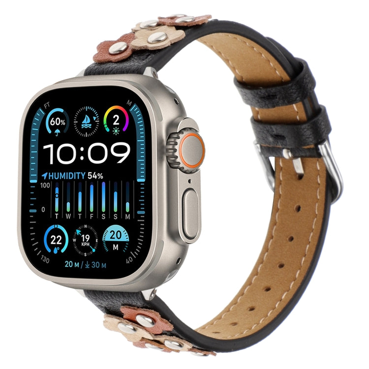 For Apple Watch Ultra 49mm Stitched Flower Leather Watch Band(Black)