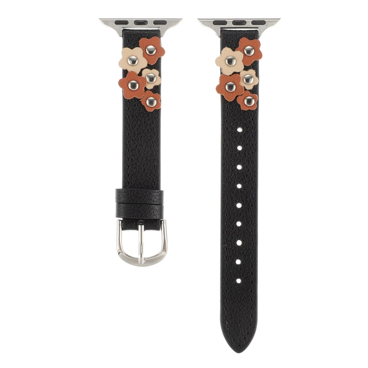 For Apple Watch Ultra 49mm Stitched Flower Leather Watch Band(Black)