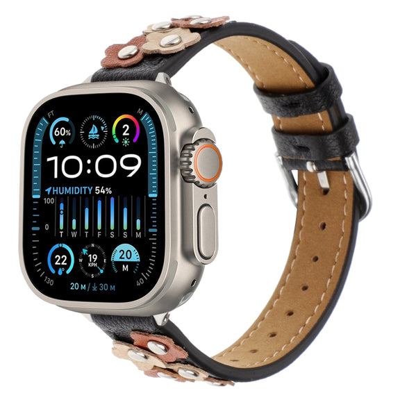 For Apple Watch Ultra 49mm Stitched Flower Leather Watch Band(Black)